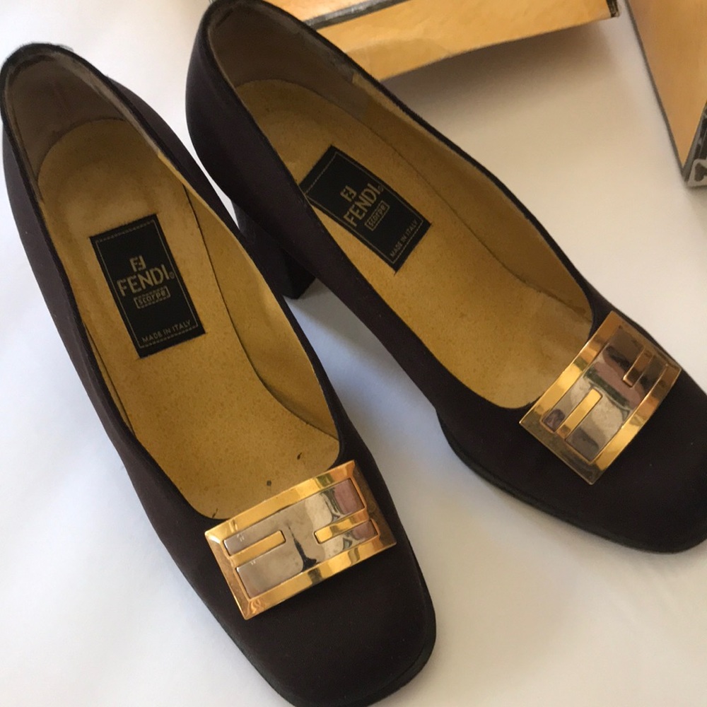Fendi brown fabric heels with Fendi mark on the top. Euro size 35. With box.